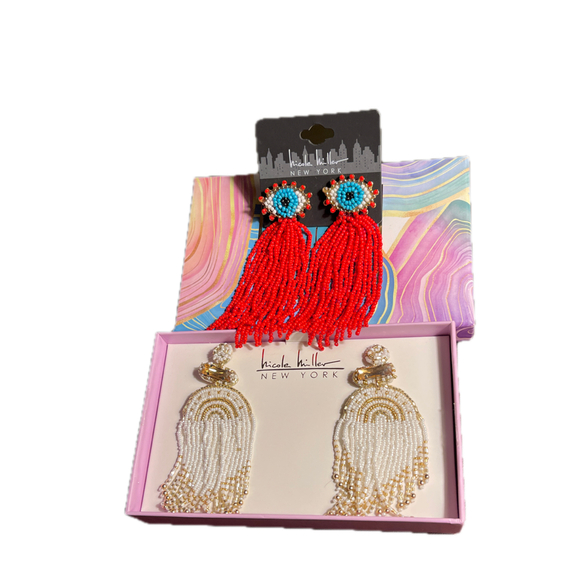 2 New Pairs Nicole Miller Dangle Seed Bead Earrings Gold Tone 3L - Picture 2 of 11